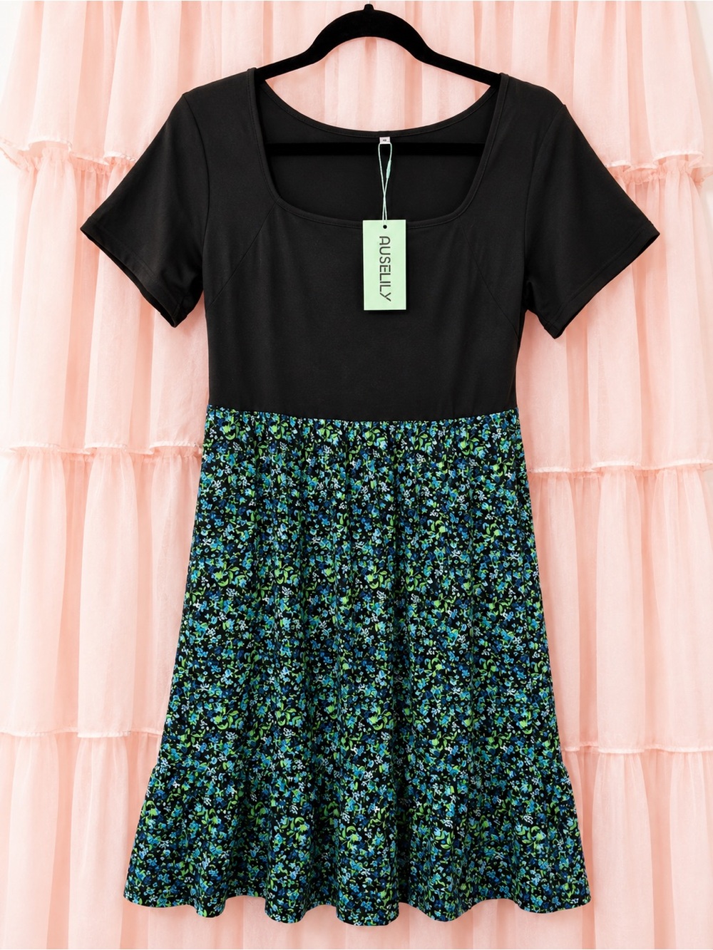 AUSELLY Black Top with Blue-Green Floral Skirt Casual Dress